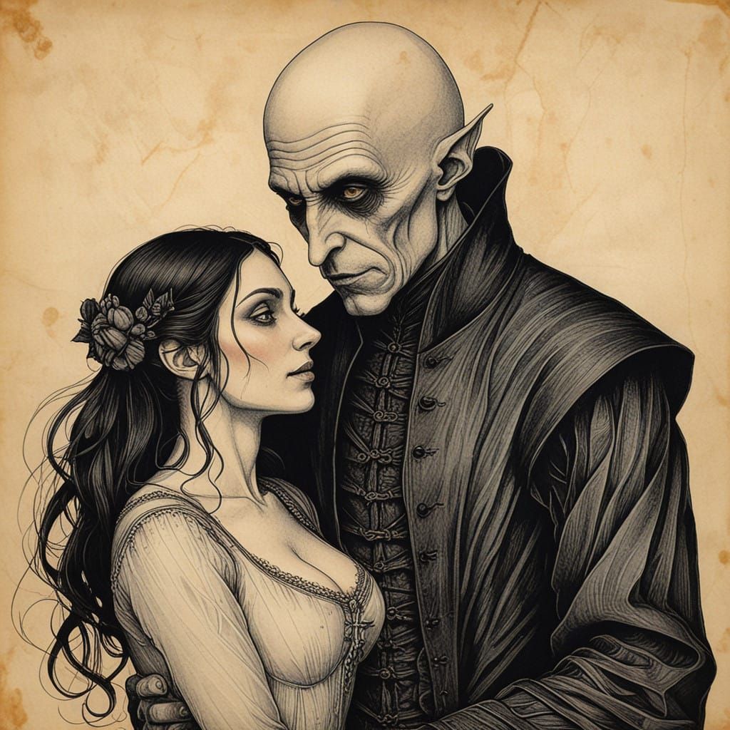 Grotesque Vampire Embracing a Dark-Haired Woman in Victorian...
