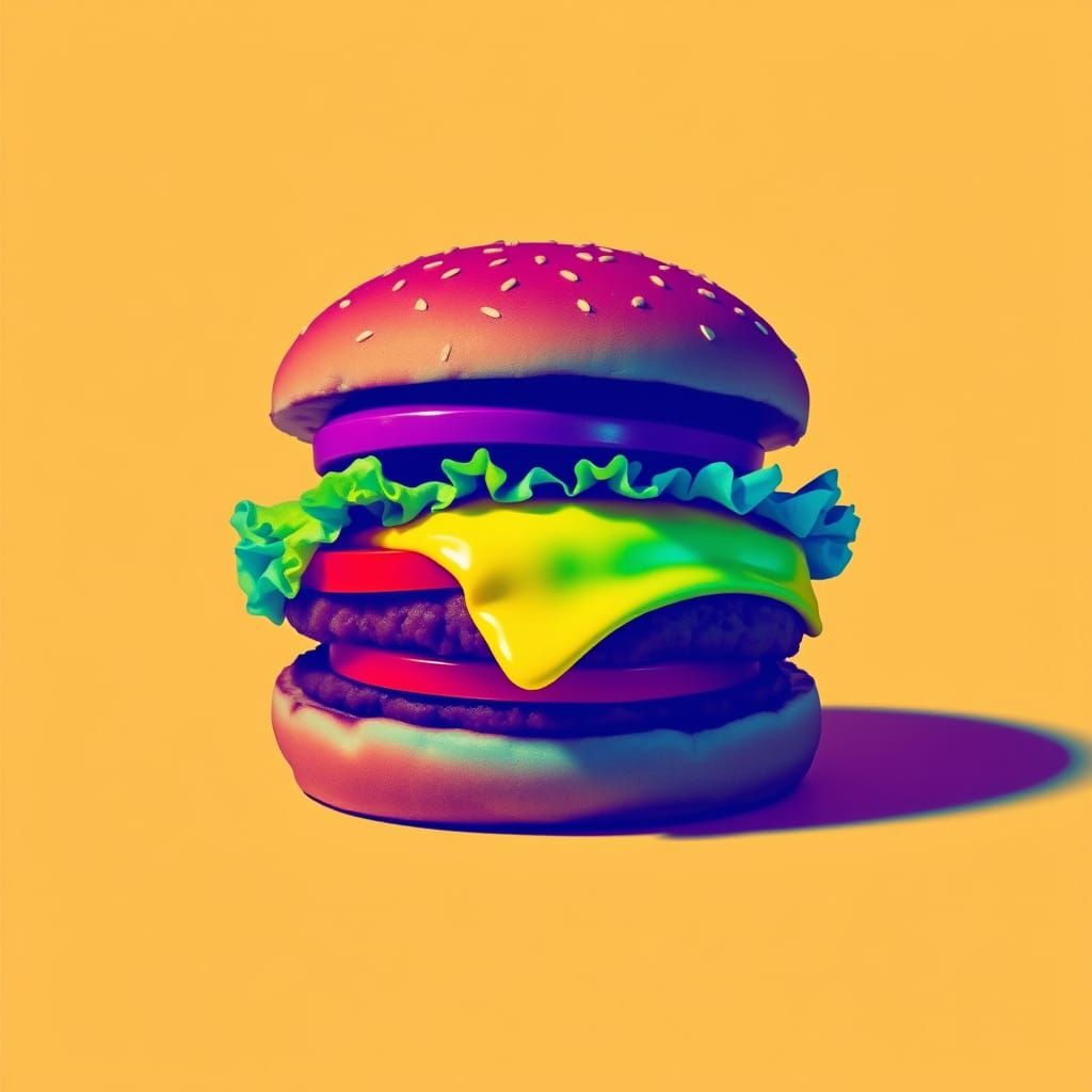 Vibrant Pop Art Hamburger with Melted Cheese and Fresh Veggi...