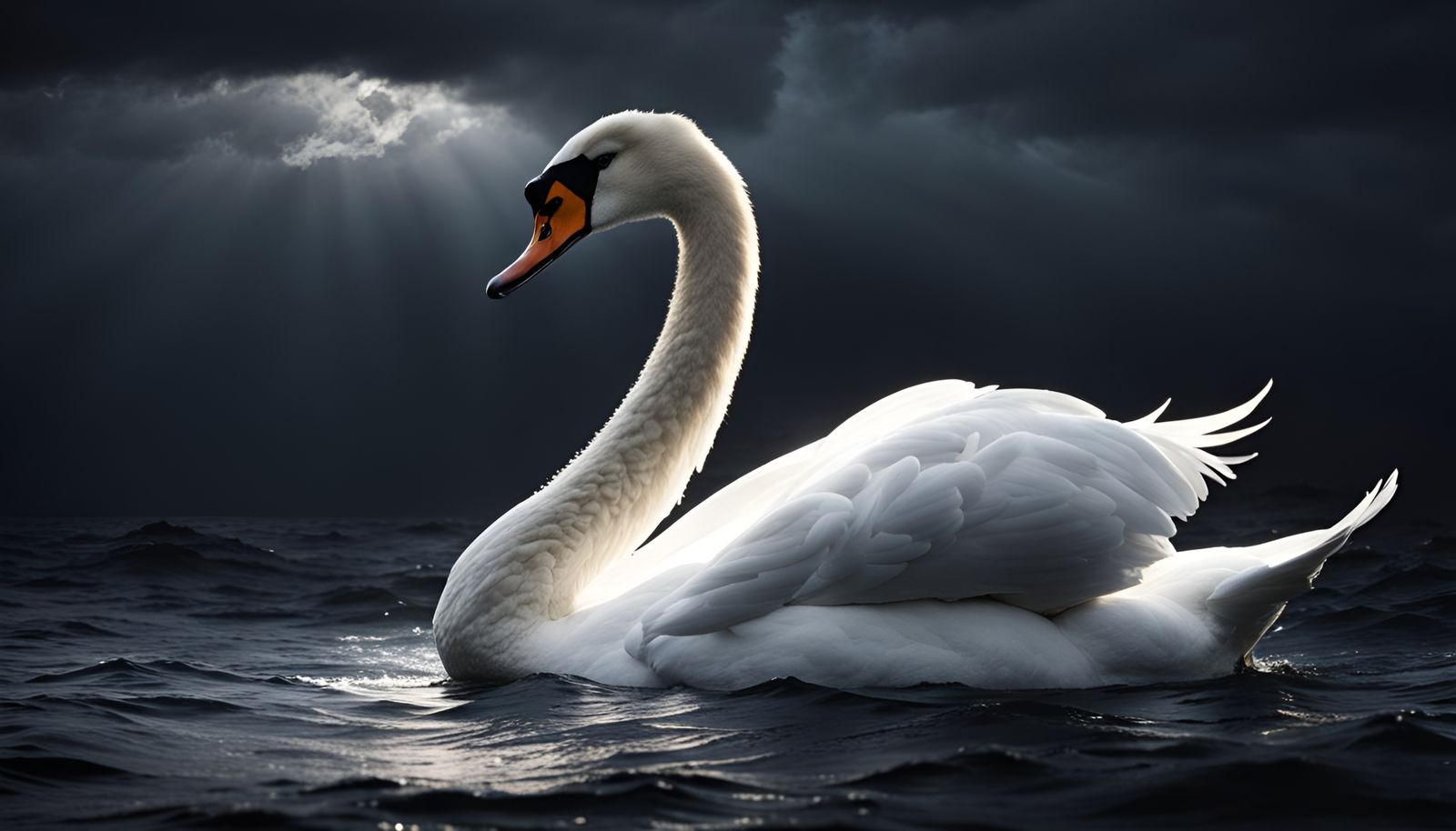 Swan Drifting on Ocean: Low Key Portraiture