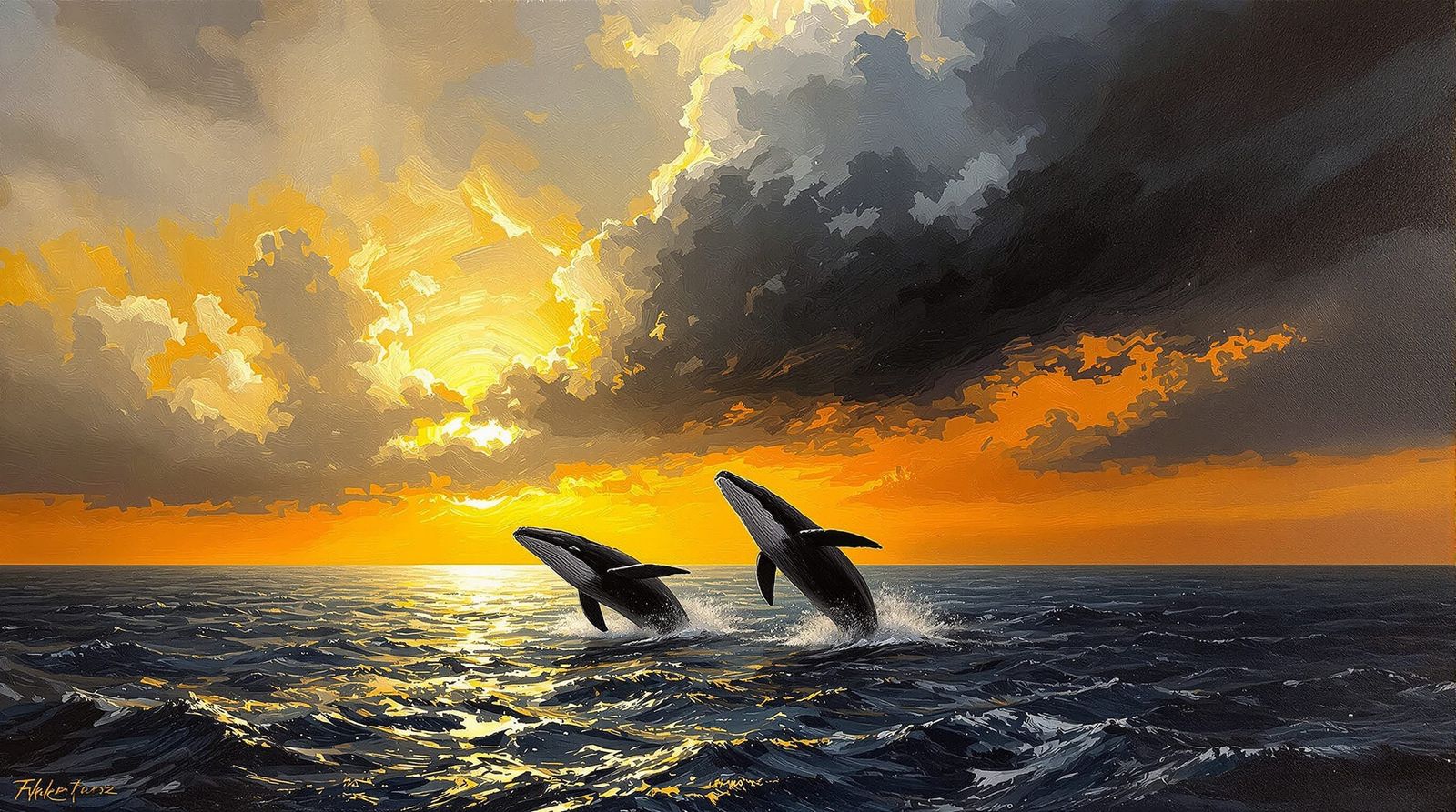 Whales Leap in Sunset Seascape Oil Painting
