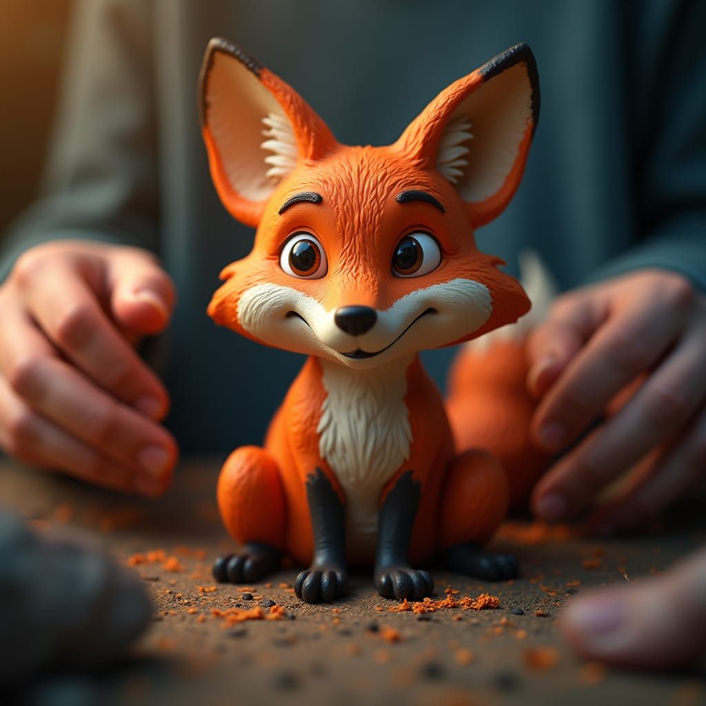 Hands Shape Vibrant Clay Fox with Cinematic Lighting