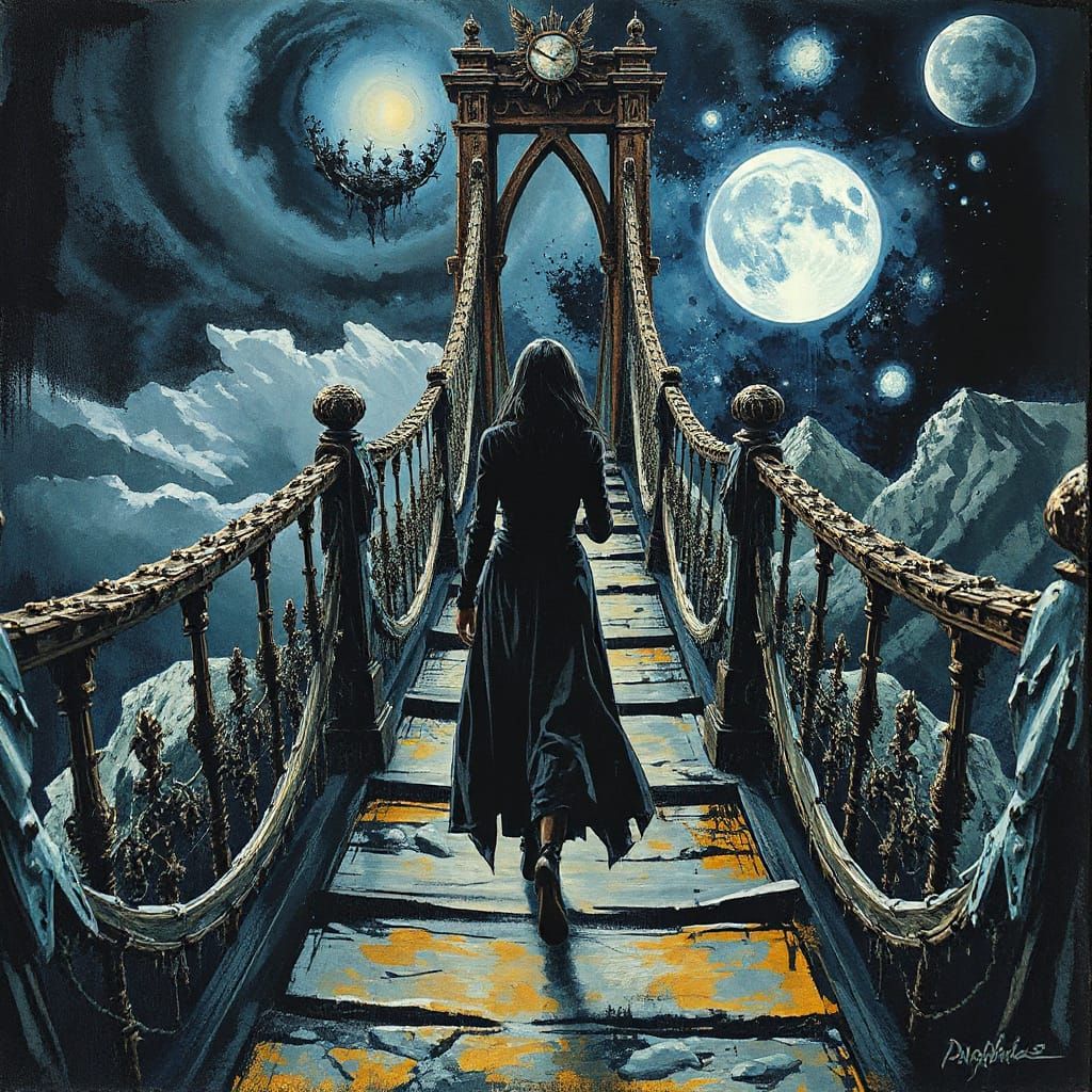 Enchanted Lunar Bridge in Whimsical Oil Paintings