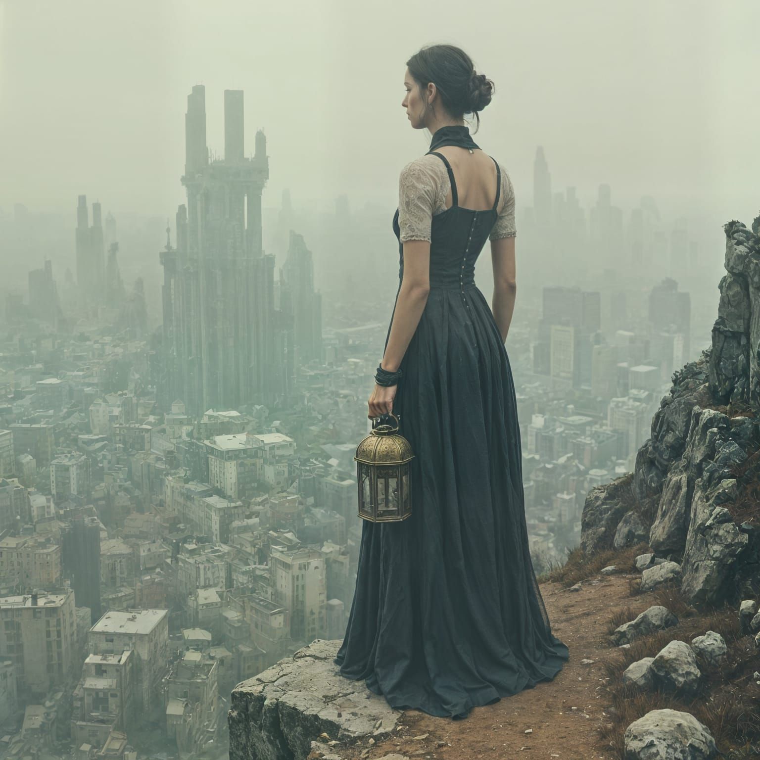 Steampunk Woman Overlooking Post-Apocalyptic City