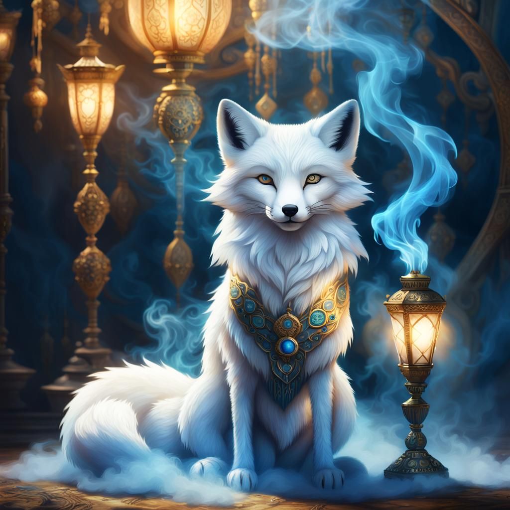 Whimsical Fox Holds Enchanted Lamp Amidst Blue Mist