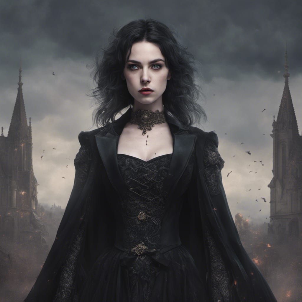 Gothic Woman in Dark Attire: Detailed Matte Painting