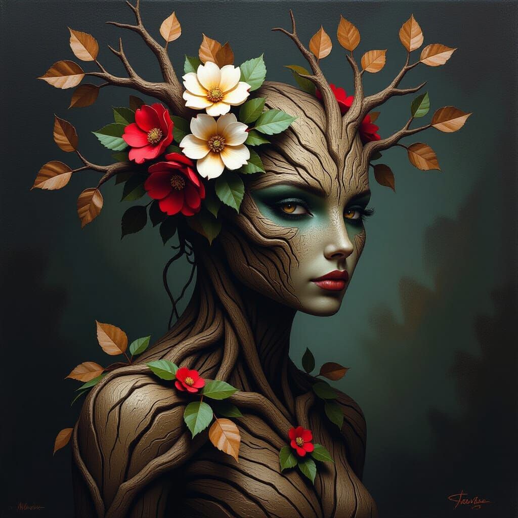 Mystical Bark Creature with Fantasy Flowers
