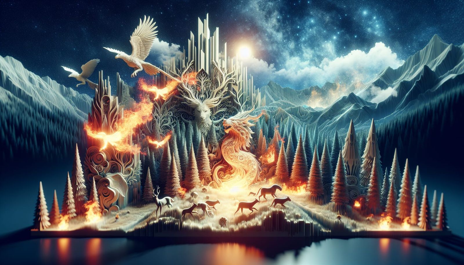 Hyperrealistic 3D Carving with Fantasy Double Exposure