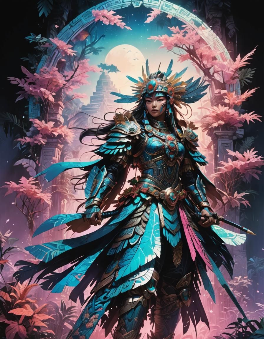 Aztec Warrior Woman in Anime Key Visual Style