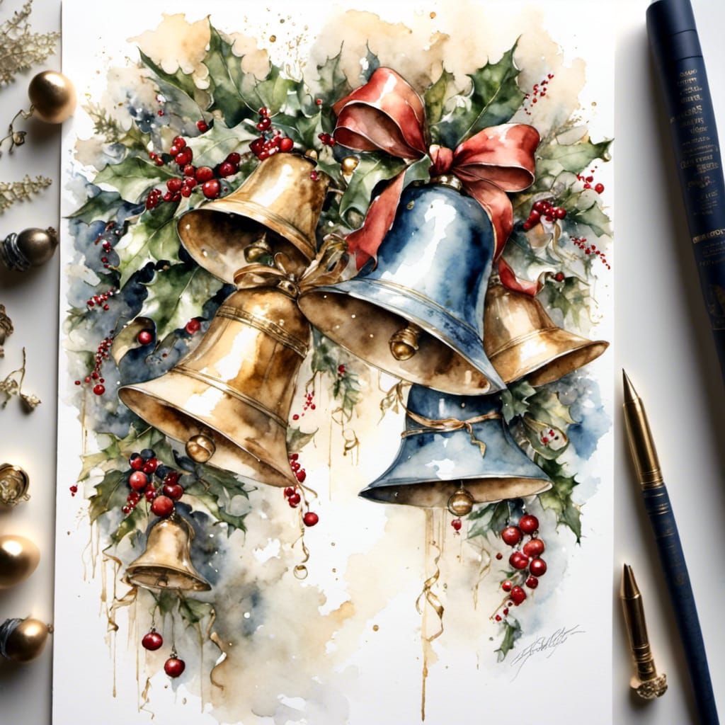 Christmas Card with Bells, Holly, and Ribbons in Watercolor