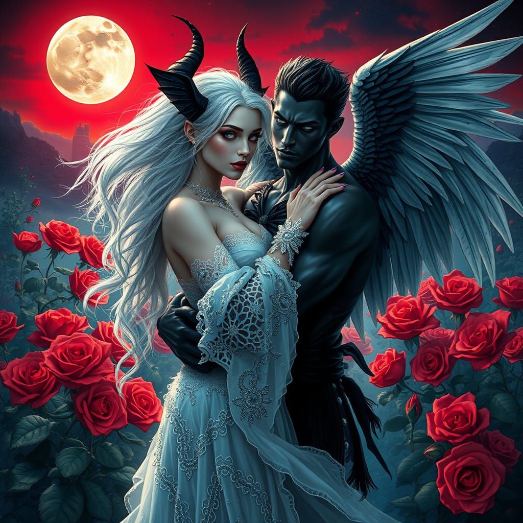 Moonlit Demon and Angel in Vibrant Graffiti Rose Garden