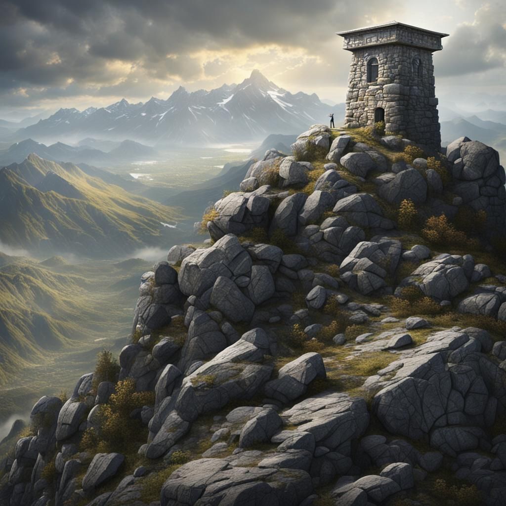 Stone Watchtower on Rugged Mountain: Matte Painting