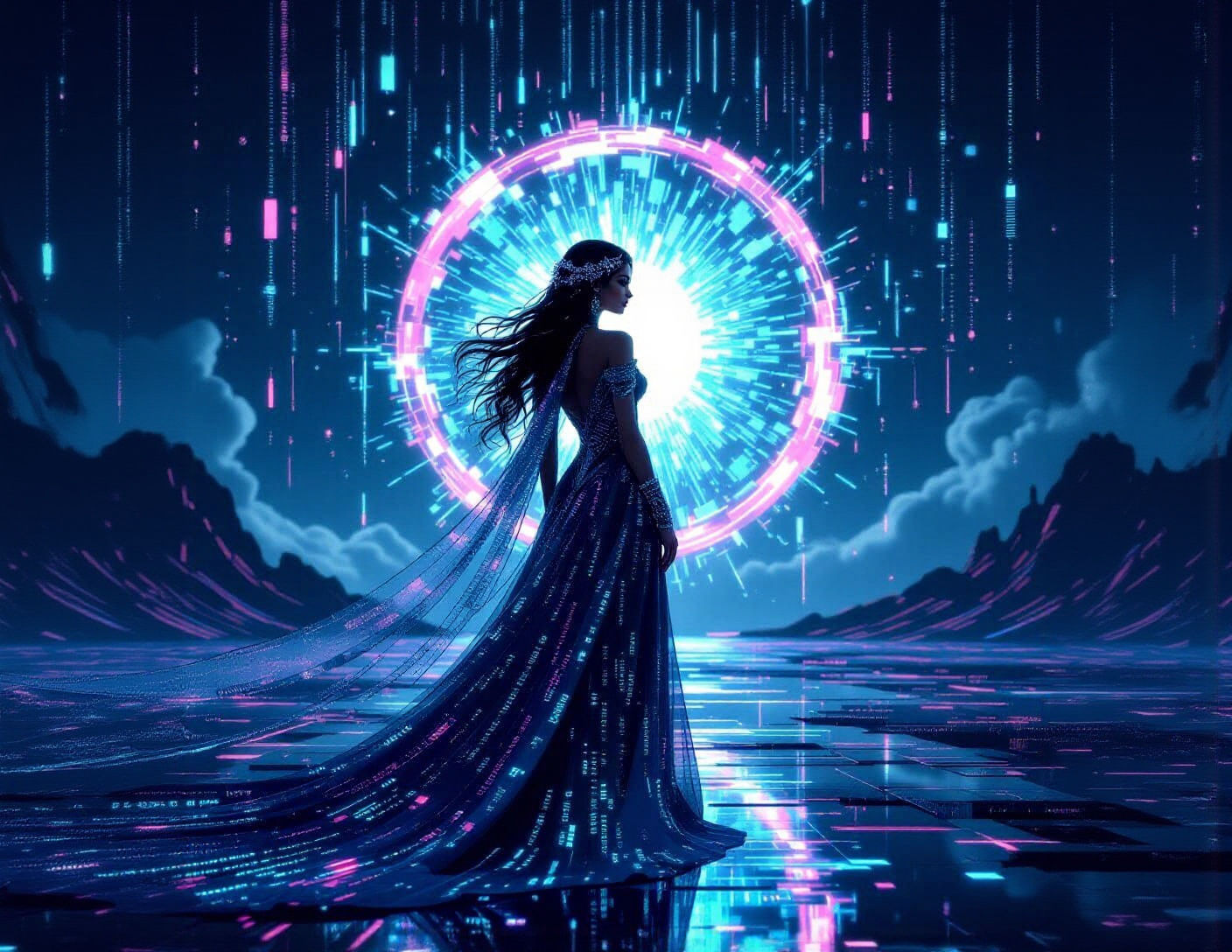 Digital Enchantress Before Glitched Portal in Art Nouveau St...