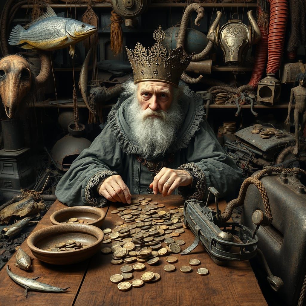 Renaissance Man Counting Coins in Industrial Chaos