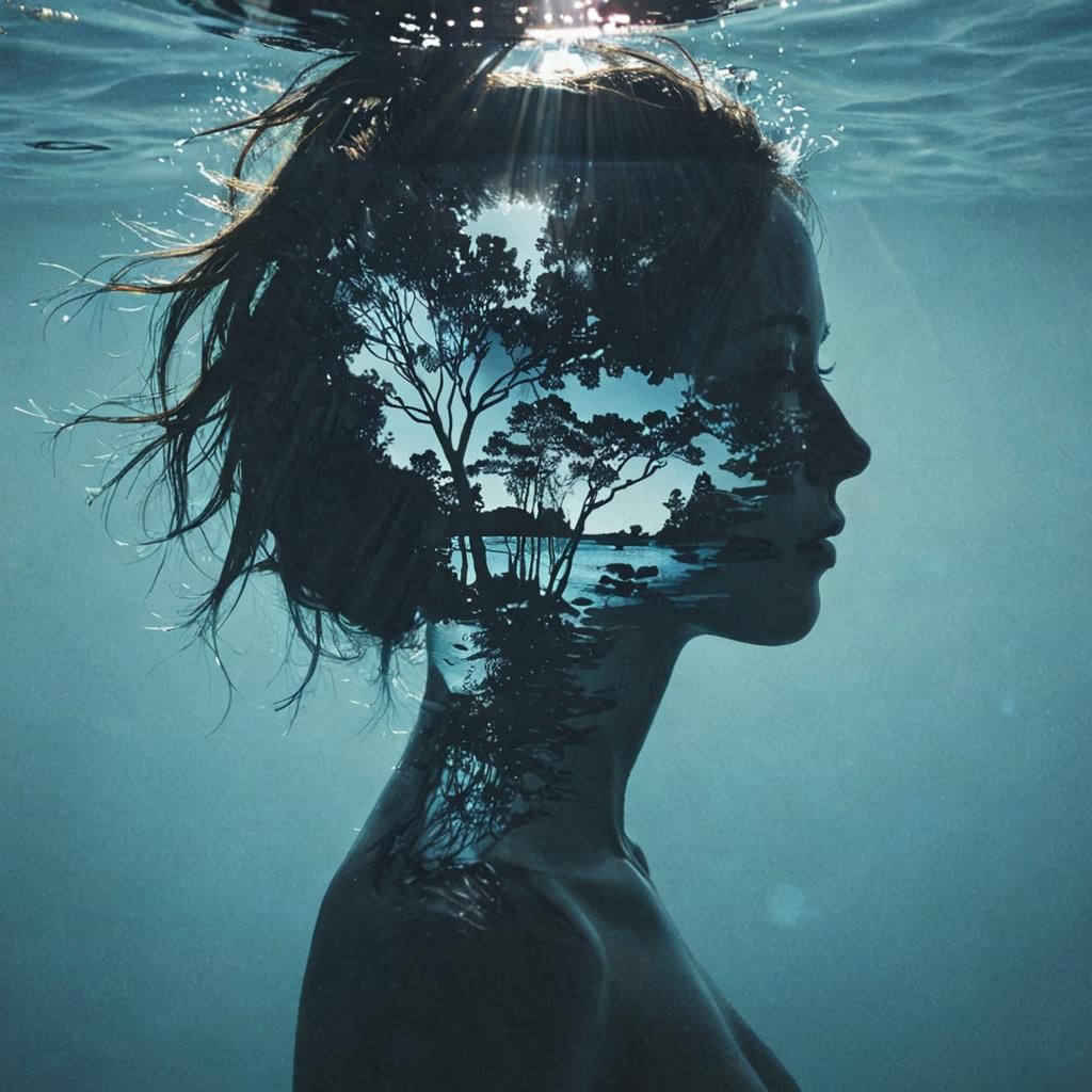 Silhouette in Double Exposure Over Blue Waters