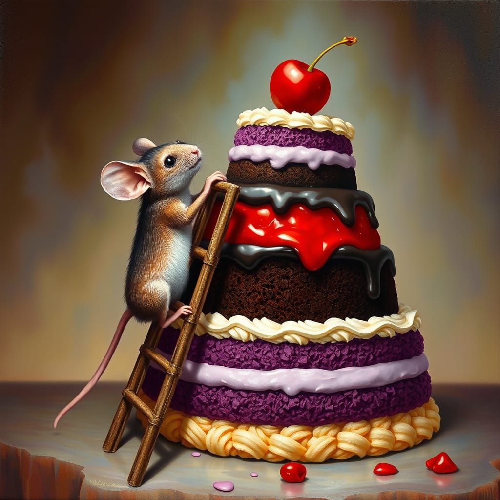 Playful Mouse Ascends Decadent Cake: Surreal Digital Art