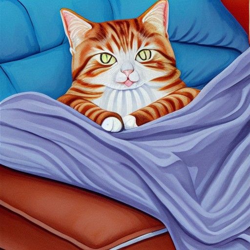 Cat Napping Under Blanket: Gouache Painting