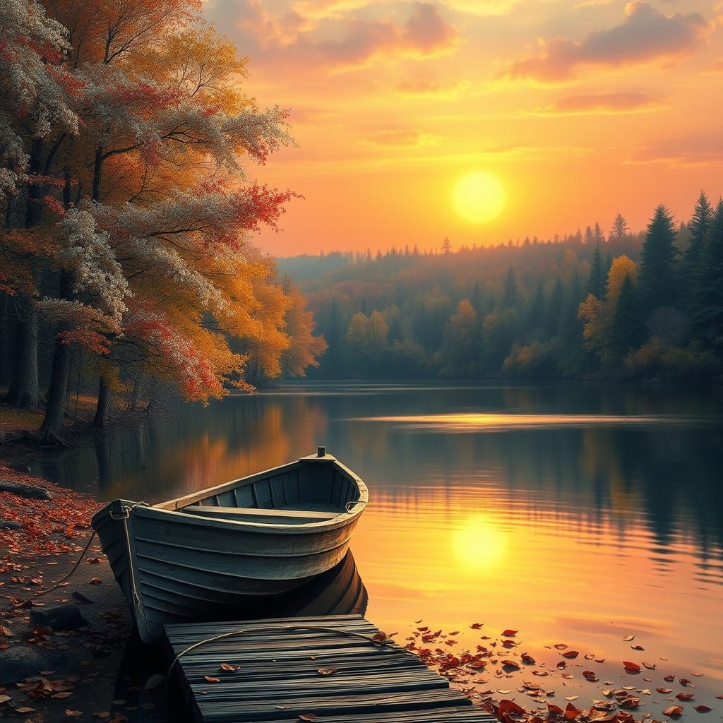 Autumn Lake Sunset with Wooden Horseboat