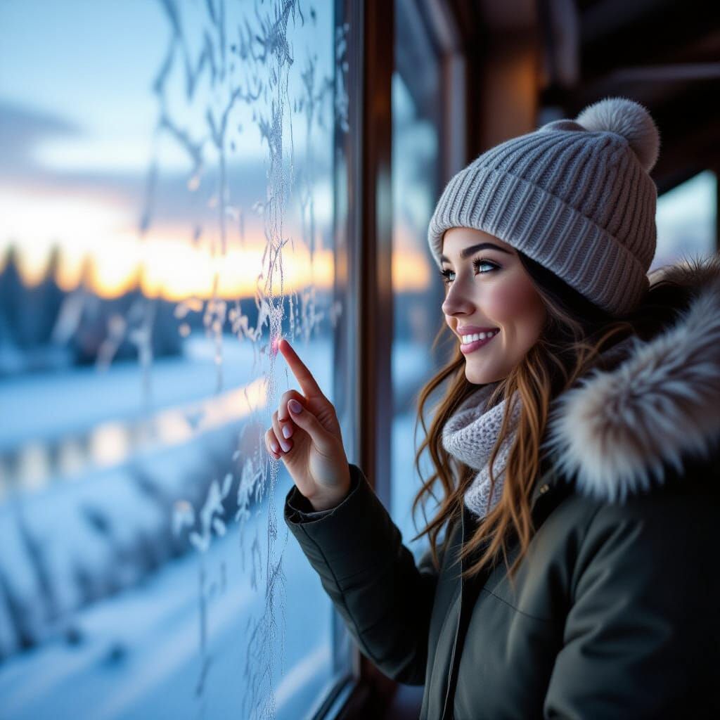 Happy Woman Draws on Window Overlooking Frozen Landscape