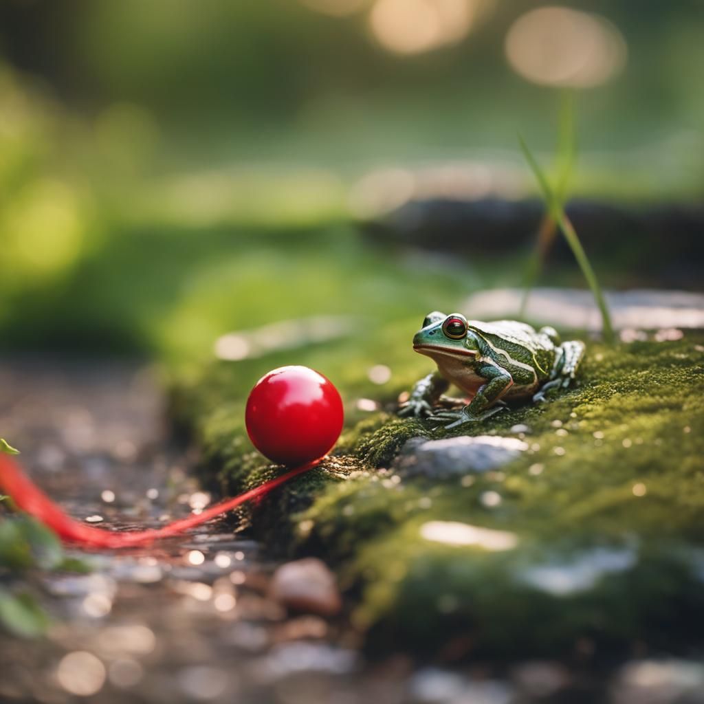 Tiny Red String Ball on Garden Path