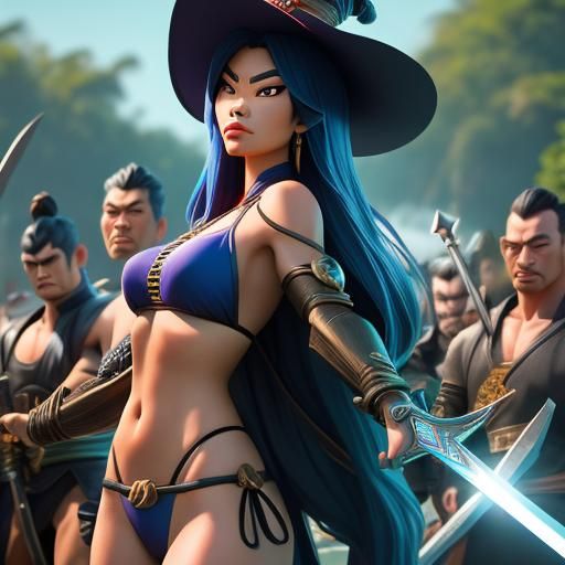 Asian Witch Surrounded by Armed Men: Professional Photo