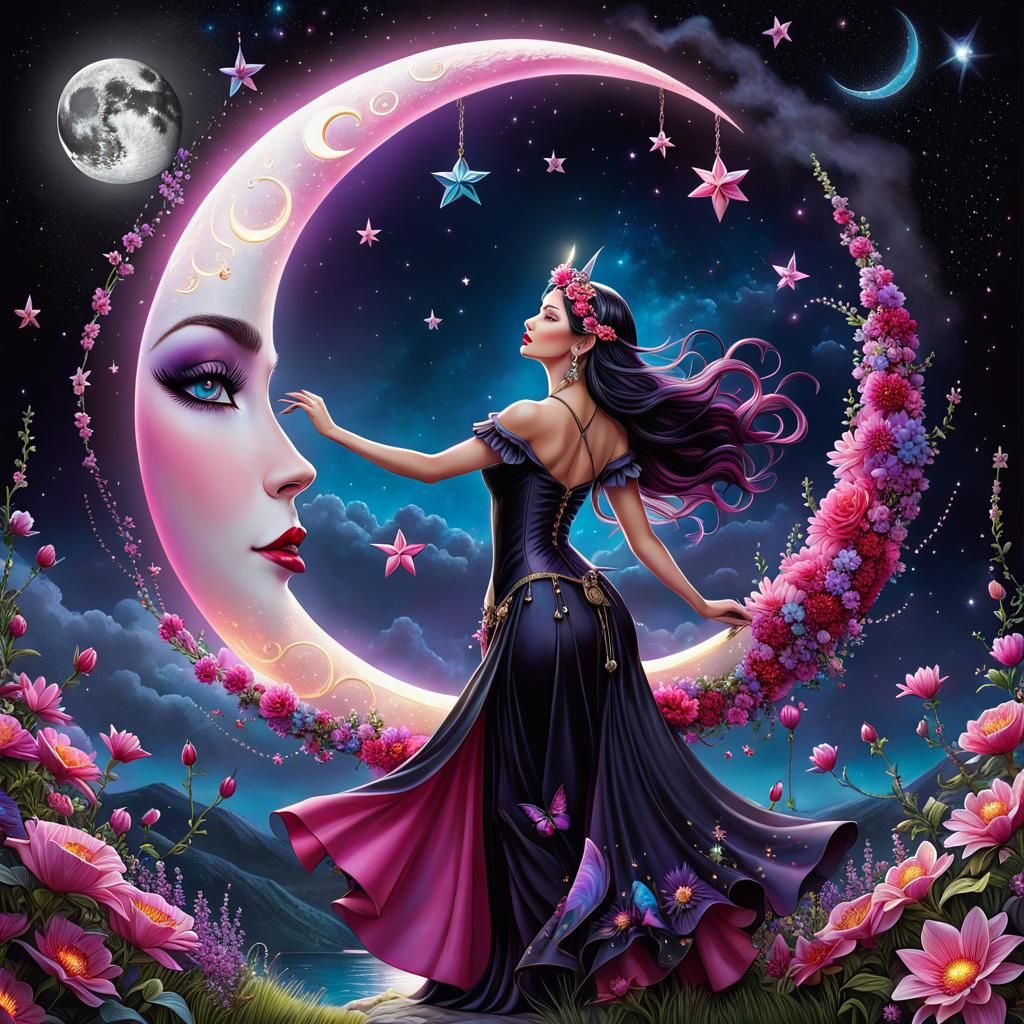Crescent Moon Witch in Starry Sky: Fantasy Art