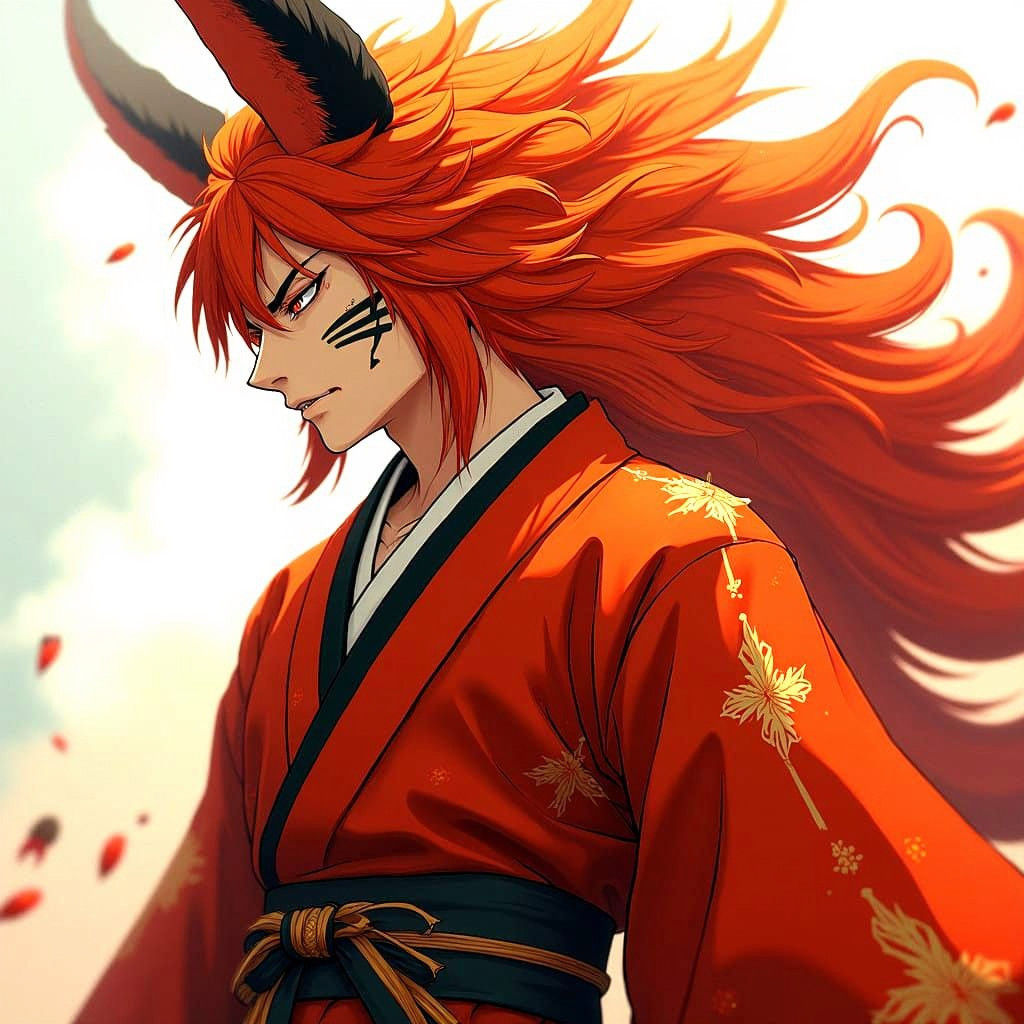 Elegant Humanoid Kurama with Vibrant Red-Orange Kimono