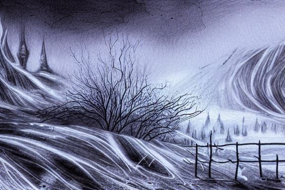 "Killer ice fog" hyperdetailed intricately detailed contrasting colors cool colors surrealism ink drawing long exposure ...