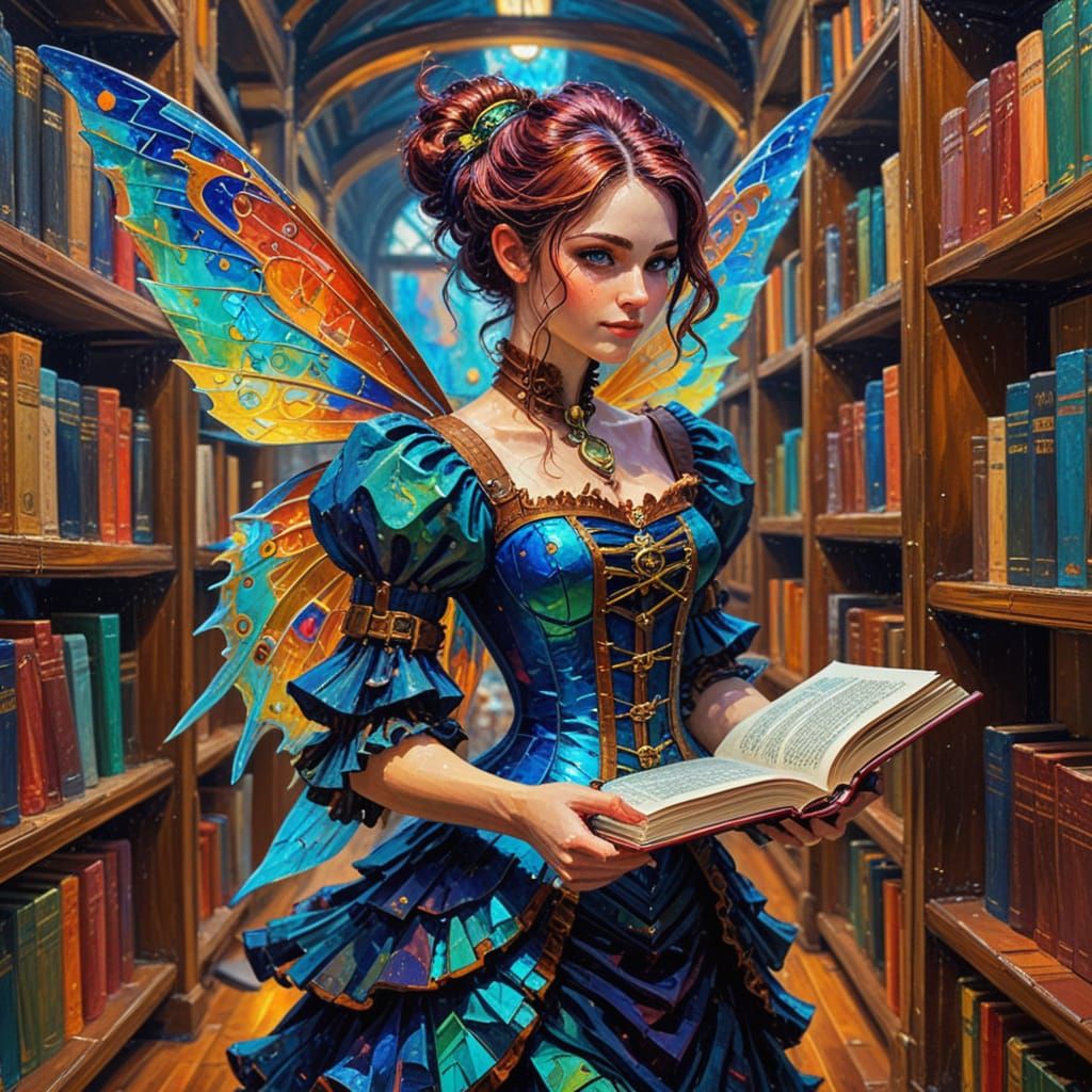 Steampunk Fairy in Library: Neo-Impressionist Oil Painting