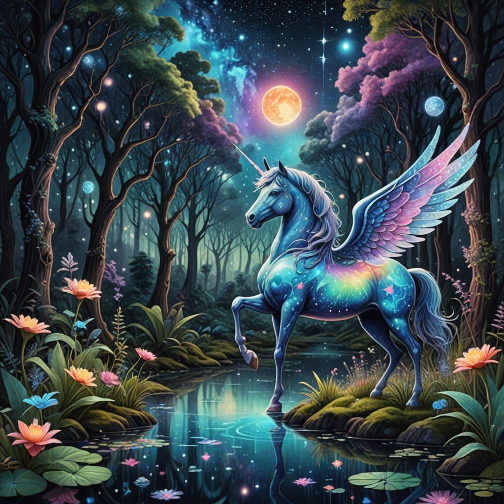 A glowing enchanted forest under a starlit galaxy sky, shimmering with bioluminescent plants. Ethereal fairies with tran...