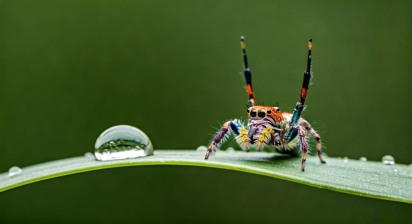 Vibrant Spider Perches on Dewdrop in Morning Sunlight