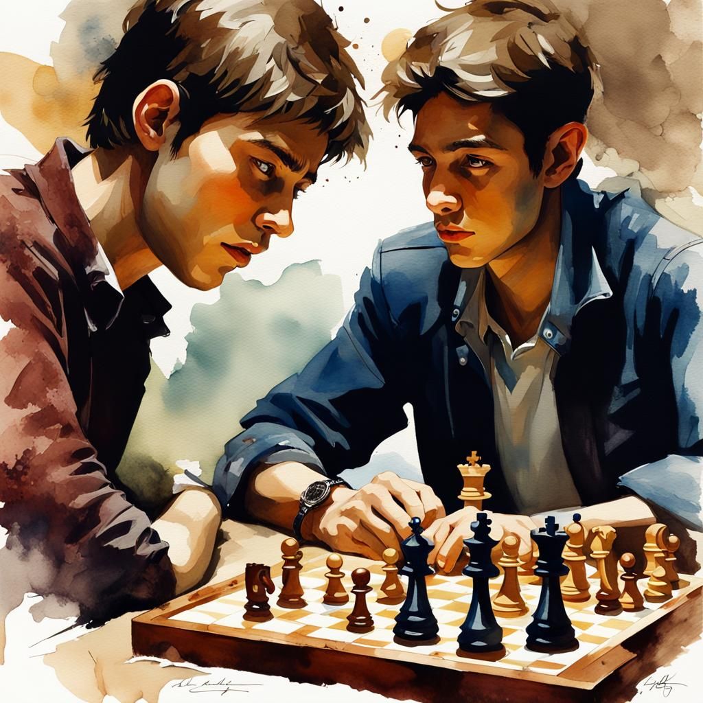Chess Game in Watercolor Screen Print Style