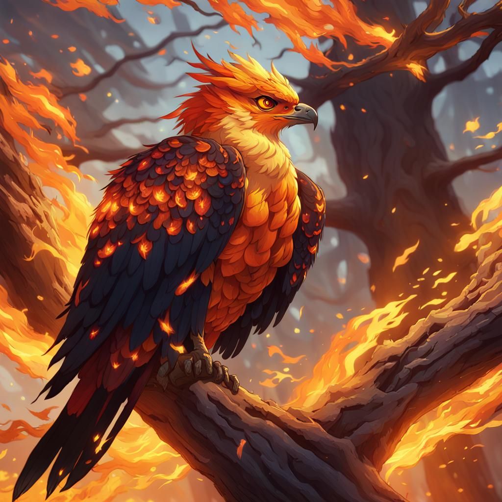 Majestic Firehawk Perched on Ancient Tree: Anime Art
