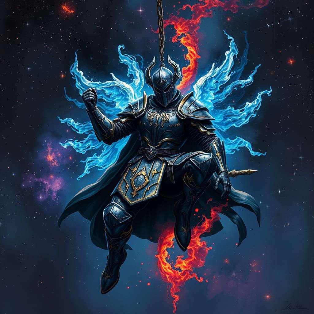 Hyperrealistic Phoenix Knight in Cosmic Ruins