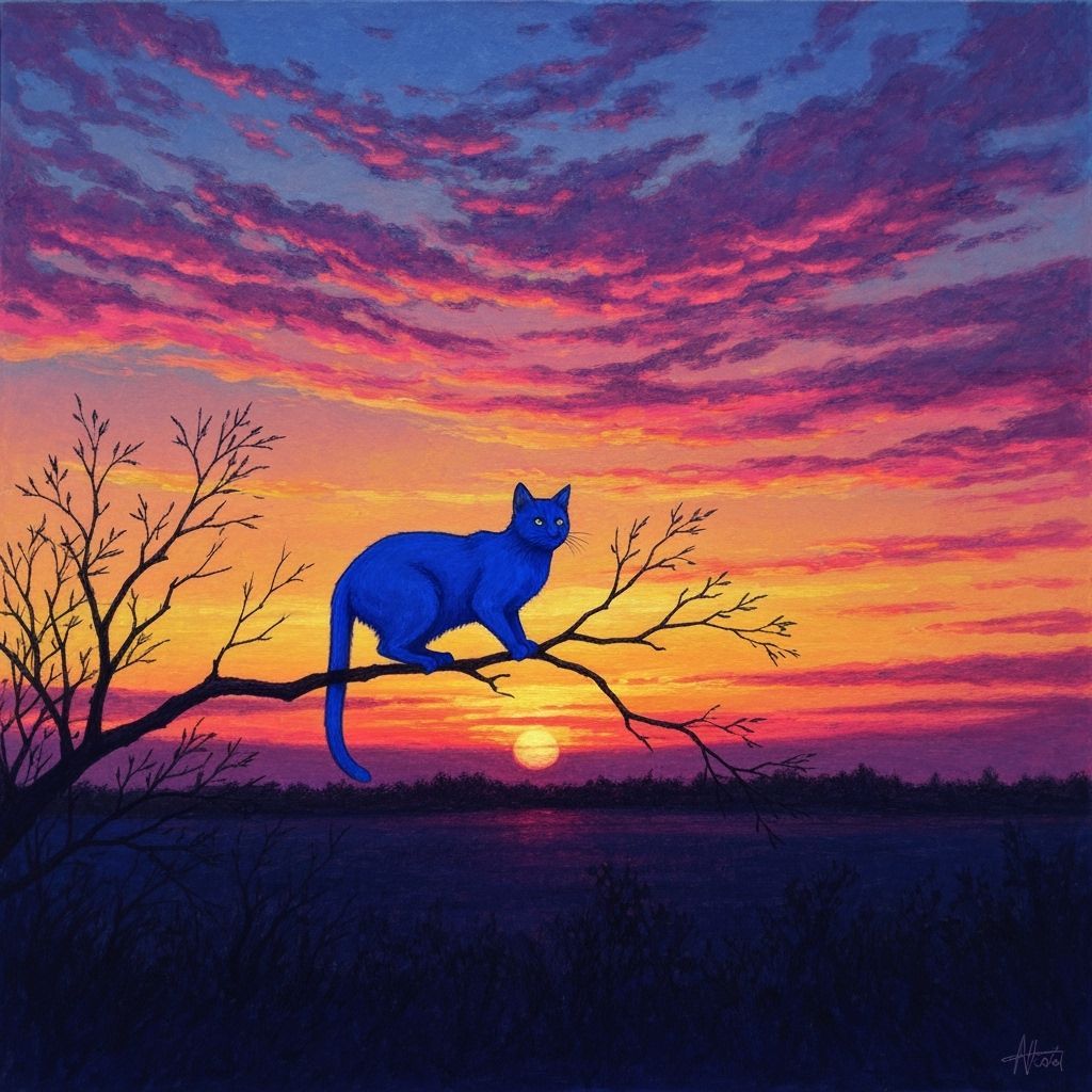 Blue Cat Silhouette Against Vivid Sunset Sky