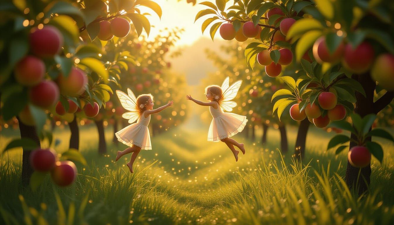 Magical Orchard Harvest with Fairies and Golden Light