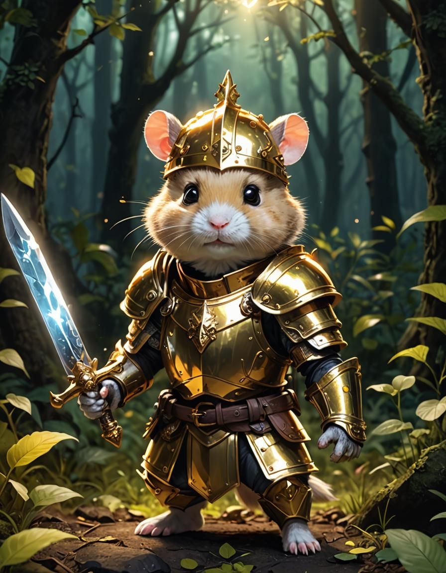 Hamster Knight in Golden Armor, Anime Fantasy