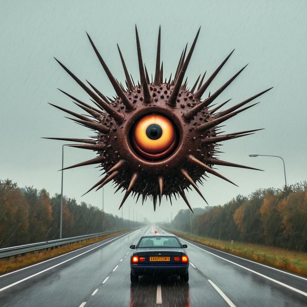 Spiked Beholder Flies Over Dutch Motorway