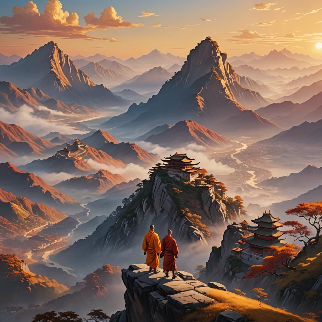 Shaolin Monk and Disciple: 3D Anime Himalayan Vista