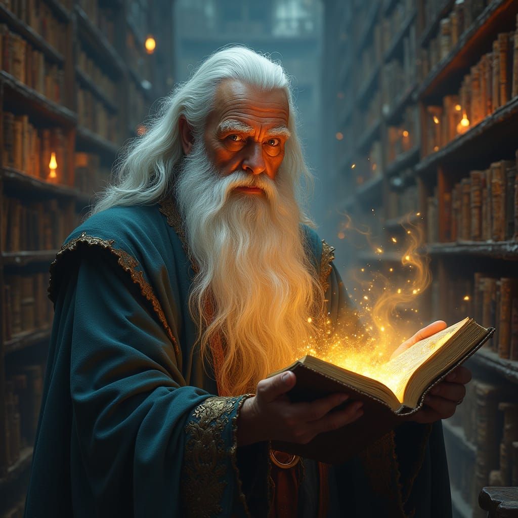 Powerful Wizard in Arcane Library with Rembrandt Lighting