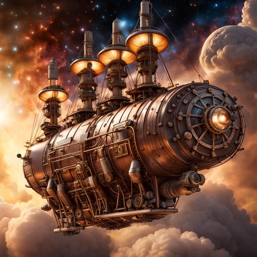 Steampunk Clipper Sailboat Soaring Through Space