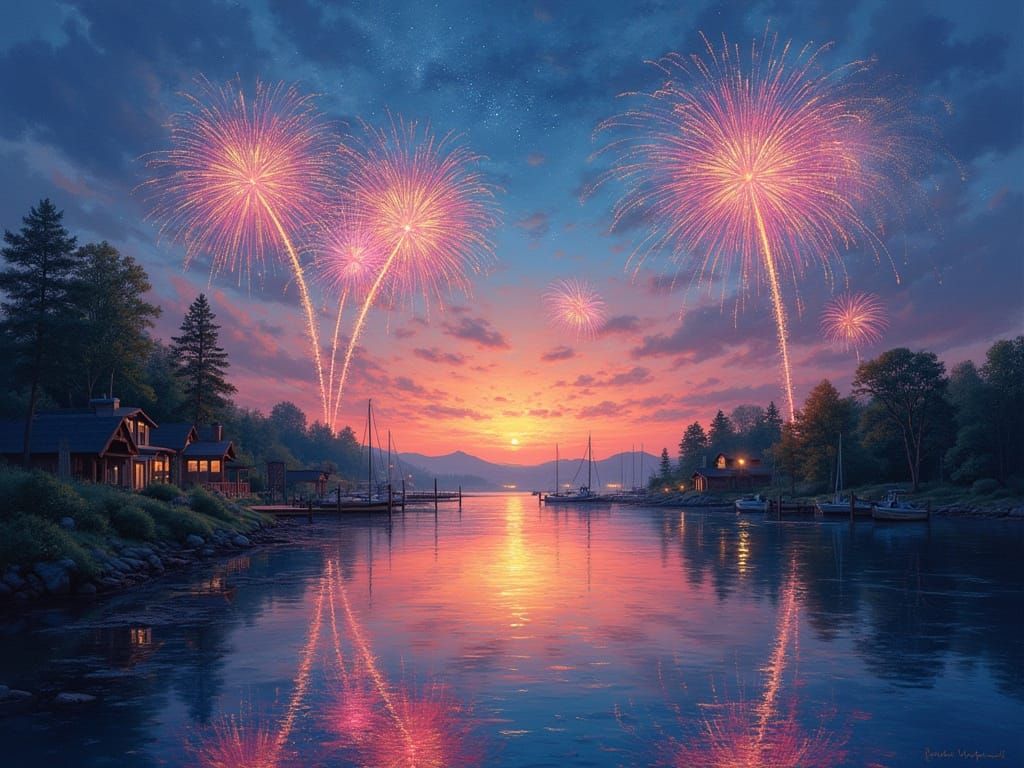 Fireworks over Vaughn Bay at Dusk