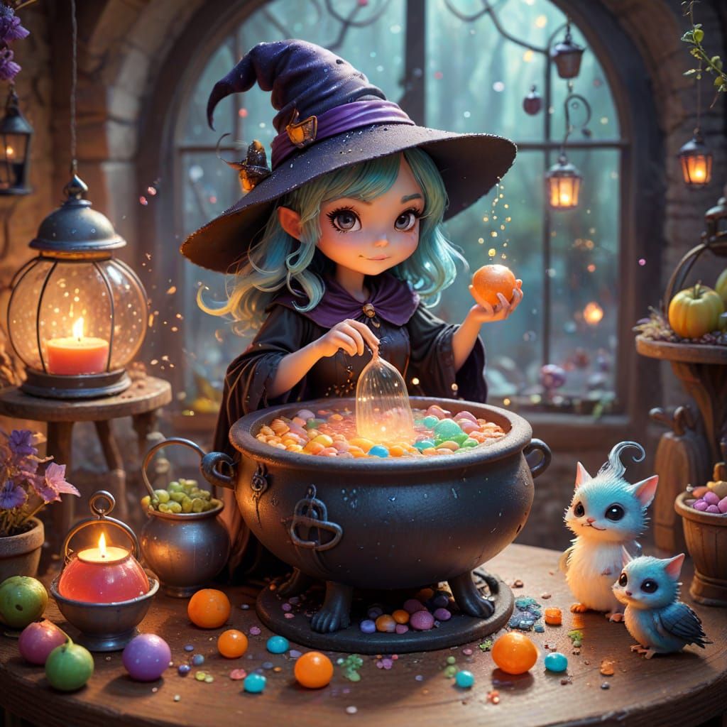 Chibi Witch Brewing Potion with Magical Ingredients