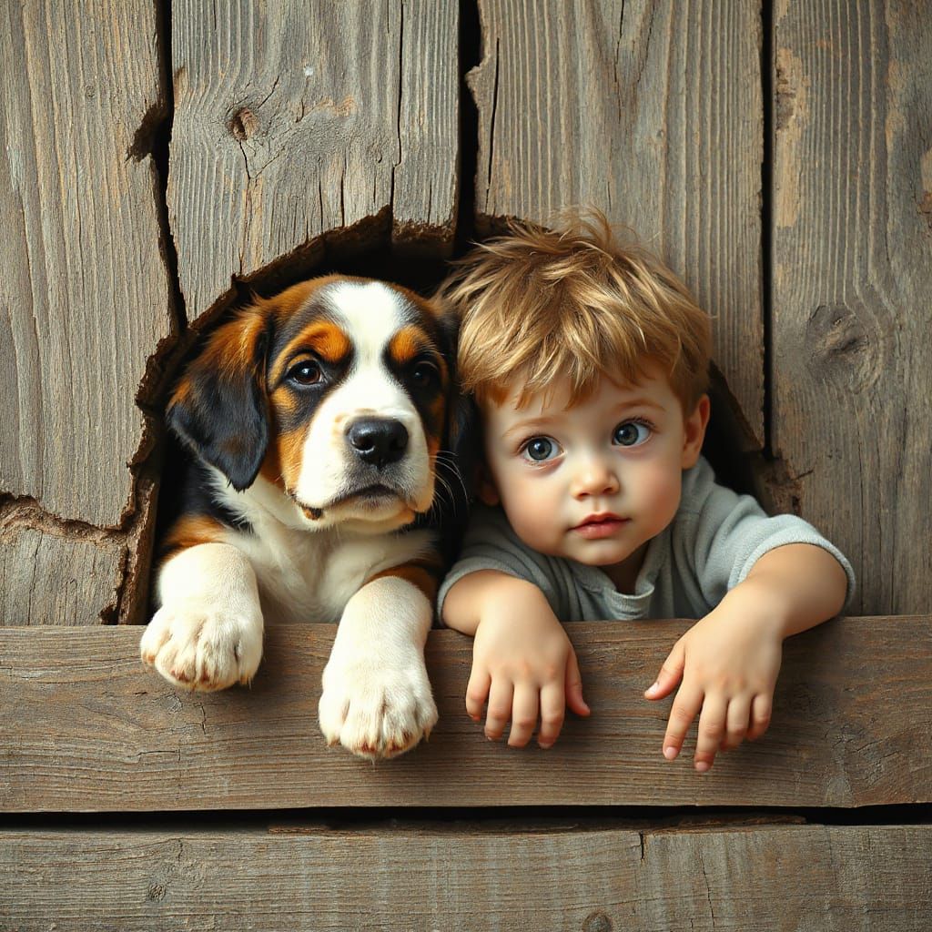 Puppy and Boy Gaze Through Wooden Wall Crack