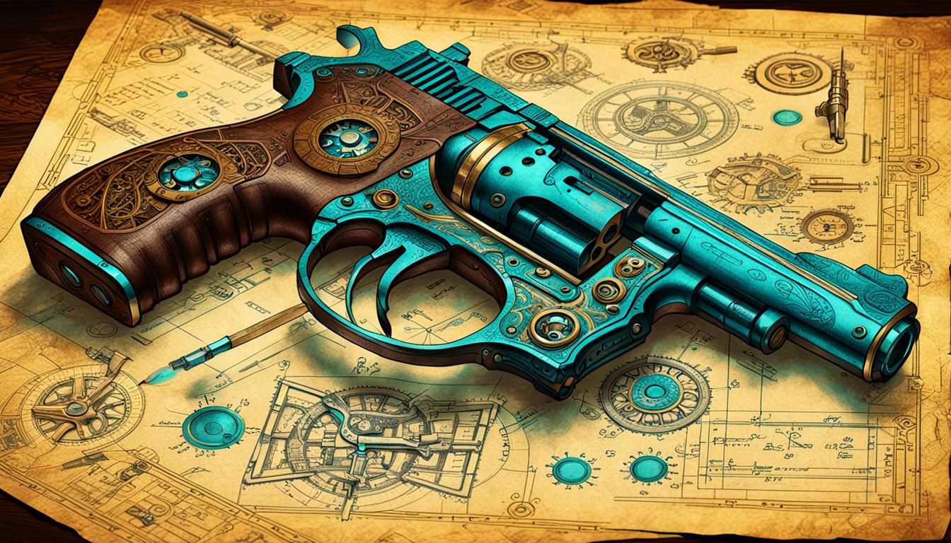 Intricate Pistol Blueprint: Historical Fantasy Concept Art