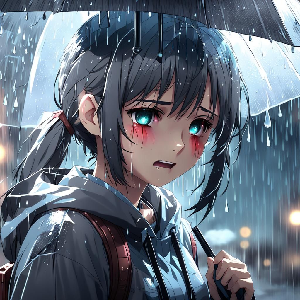 A girl crying in the rain