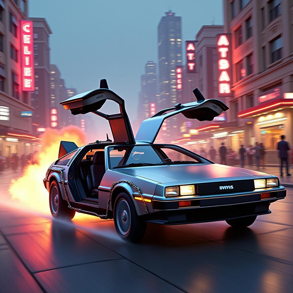 DeLorean Speeds Through Hill Valley in Retro-Futuristic Styl...