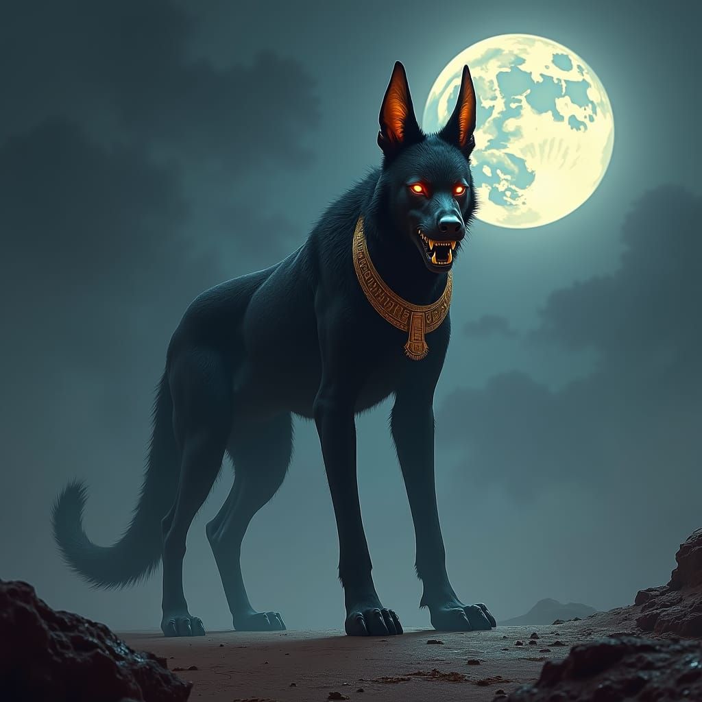Menacing Anubis-like Werewolf in Dark Biomechanical Style