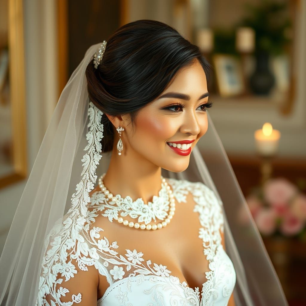 Elegant Bride in Lace Gown, Art Nouveau Style
