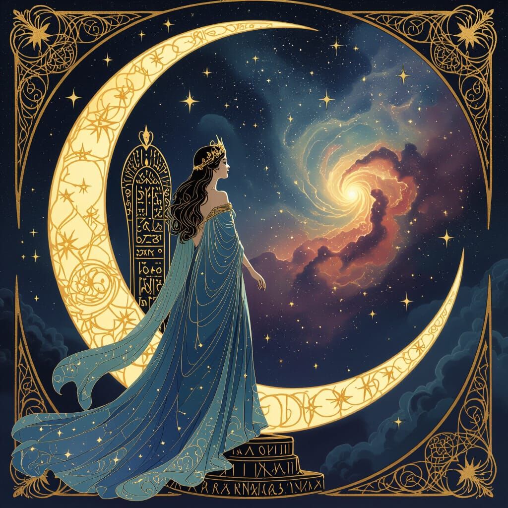 Celestial Queen on Moon Gazing at Nebula