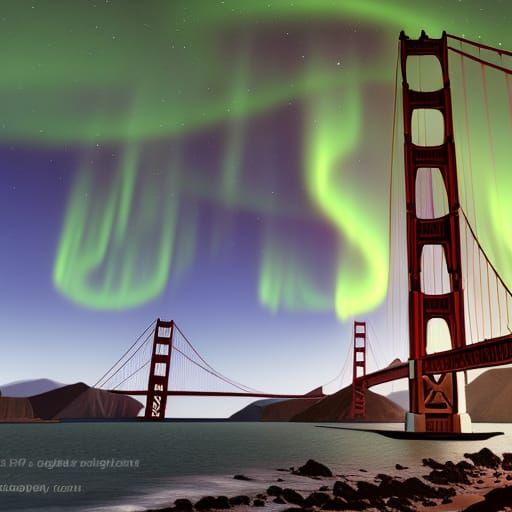 golden gate bridge during a massive tsunami_during a meteor shower under aurora borealis sky 3D Game Cinematic Feel, Epi...
